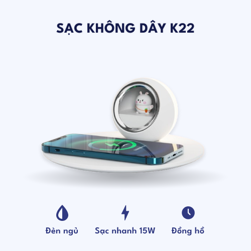 Sạc không dây K22 – Đế sạc không dây kèm Đồng hồ, Đèn ngủ điện thoại 15W – Thỏ Trắng