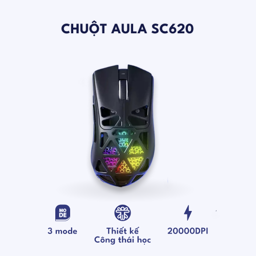 Chuột gaming Aula SC620 – kết nối không dây, thiết kế bắt mắt – DPI 12000 – Màu Đen