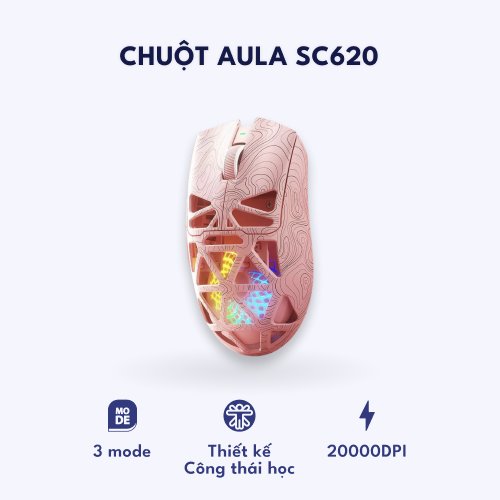 Chuột gaming Aula SC620 – kết nối không dây, thiết kế bắt mắt – DPI 12000 – Hồng vân