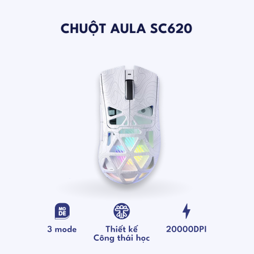 Chuột gaming Aula SC620 – kết nối không dây, thiết kế bắt mắt – DPI 12000 – Trắng vân
