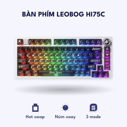 Bàn phím cơ vỏ nhôm Leobog Hi75C – Kết nối ba chế độ, tương thích đa thiết bị, đèn LED RGB – Màu Trắng trong suốt