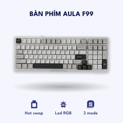 Bàn phím cơ  AULA F99, 3 mode có app custom – Trắng Xám