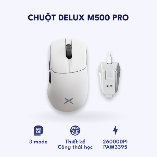Delux M500 Pro có Dock sạc RGB – DPI 26000, PAW3395 – Phản hồi cực mượt, Siêu nhẹ 58,5g – Màu trắng