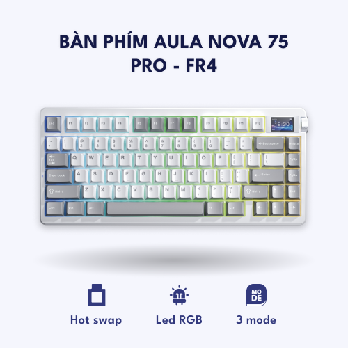 Aula Nova 75 PRO – Bàn phím cơ 75% compact, 3 chế độ kết nối & LED RGB – PRO FR4 – Trắng Xám