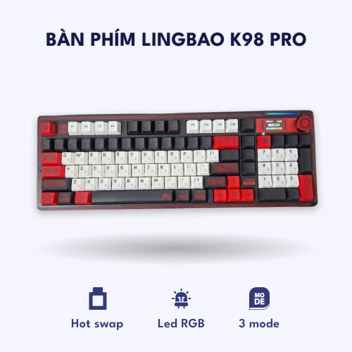 Bàn phím cơ Lingbao K98 PRO – Layout 98 phím, Núm xoay đa năng, màn hình tùy chỉnh -Hotswap, LED RGB, kết nối đa chế độ – Đỏ Đen Vằn