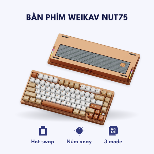 Bàn phím cơ vỏ nhôm Weikav NUT75 – Tạ thép – Kết nối 3 chế độ, Gasket Mount, pin 10.000mAh, LED RGB – Màu cam