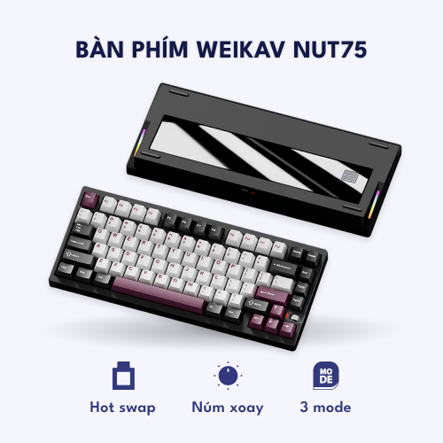 Bàn phím cơ vỏ nhôm Weikav NUT75 – Bản Gương – Kết nối 3 chế độ, Gasket Mount, pin 10.000mAh, LED RGB – Màu đen